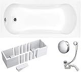VBChome Badewanne 160x70 cm Acryl SET Wannenträger Siphon Wanne Rechteck Weiß Design Modern Styroporträger Ablaufgarnitur in Chrom Viega Simplex (160x70 cm)