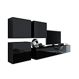Wohnwand Vigo XXIII, Design Mediawand, Modernes Wohnzimmer Set, Anbauwand, Hängeschrank TV Lowboard, (Schwarz/Schwarz Hochglanz)