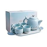 Wasserkrug Einfache Wasserkocher Set mit Tasse Nette Keramik Wasserflasche Set Haushalt Wasserkranz Tablett for Saft Tee Eiswasser Getränk Wasserkaraffe (Color : Blauw)