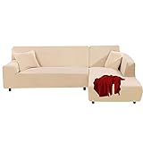 FIGOOO Sofabezug Ecksofa L Form Links Rechts Stretch Sofa Überwürfe 2er mit 2 Stück Kissenbezug Abnehmbarer Universal Elastische Couchbezug Sofahusse L Shaped (3 Sitzer+4 Sitzer,Beige)