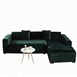 DH-Link Stretch-Sofabezug aus Samt, Plüsch, rutschfest, 1-teiliger Schonbezug für Sofas, dunkelgrün (4-Sitzer/215-280 cm)