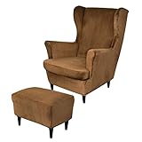 2 Teilig Ohrensessel Überzug Mit Ottomane Schonbezug Stretch Samt, Sessel Überwürfe Ohrensesselbezüge Bezug Sesselhusse Tiger Stuhlbezug (Kamel,Wingchair & Ottoman)