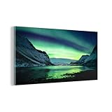 MuchoWow Glasbild Glasfoto Wandbild Bilder Deko 160x80 cm Nordlicht - Norwegen - Eis - Gelb - Berg - Wasser - Schnee