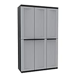 Kreher XXL Mehrzweckschrank mit Böden, Spind und Haken-Leiste aus Kunststoff in schönem Sand-Grau. Maße BxTxH in cm: 102 x 39 x 170 cm.