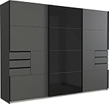 möbelando Schwebetürenschrank Barcelona in GRPAHIT + Glas SCHWARZ mit 6 Schubladen und 3 Türen. Abmessungen (BxH) 270x208 cm