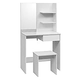 WOLTU Schminktisch mit Hocker und Spiegel, Schreibtisch + Regalsystem + Hocker, Hochglanz Kosmetiktisch, 75x40x138cm, Frisierkommode Schminkspiegel MB6045ws, Weiß