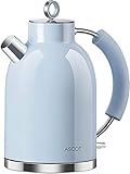 ASCOT Wasserkocher Edelstahl, Elektrischer Wasserkessel Geschenke für Männer/Frauen/Familie 1,6 liter Retro Kabelloser Teekocher Trockengehschutz, Automatische Abschaltung (Blau)