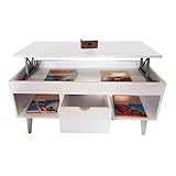 LoMasCasa - Hochklappbarer Couchtisch Modell Karla 17 mit zentraler Schublade, Massivholz aus natürlichem Kiefernholz, komplett weiß, konische Beine, Maße 100 x 50 x 47 cm
