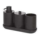 iDesign Badezimmer Set, vierteilige Badgarnitur mit Seifenspender, Zahnbürstenhalter, Wattepadspender und Tablett aus Kunststoff, Badaccessoires für den Waschtisch, schwarz, 24,5 cm x 8,9 cm x 16,2 cm