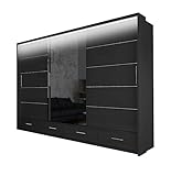 BETTSO -Schwebetürenschrank mit Spiegel und Schubladen Kleiderschrank mit Kleiderstange und Led Belechtung Einlegeboden Schlafzimmer ESPANIA Weiß+Weiß Glänzend (Schwarz Glänzend, 253 cm)