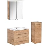 FACKELMANN braunes Badmöbel Set B.Perfekt 3-TLG. mit Waschtisch Unterschrank inkl. Keramikbecken hängend 60 cm & LED Spiegelschrank