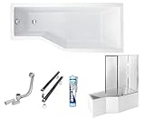 ECOLAM Duschbadewanne Set Badewanne + Badewannenabtrennung Duschwand Eckbadewanne Integra Acryl weiß 170x75 cm RECHTS + Schürze Ablaufgarnitur Ab- und Überlauf Automatik Füße Silikon raumsparend