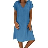 Sommerkleid Damen T-Shirt Kleider Casual V-Ausschnitt Midikleid Kurzarm A-Linie Kleid Strandkleid