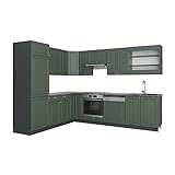 Vicco Eckküche Küchenzeile Einbauküche Fame-Line Landhaus 227x287 cm Spülenunterschrank Schubunterschrank Eckunterschrank Herdumbauschrank Hängeschrank Kühlumbauschrank (Anthrazit-Grün-Gold)