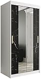Schrank mit Schiebetüren, Marmur T1 100, Schrank mit Stange und Regal, Schlafzimmerschrank (Weiß matt + Marmor, schwarz, Schubladen: 0)