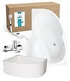 Calmwaters® Raumsparbadewanne Komplettset 150x100 cm mit Wannenträger & Ablaufgarnitur & Armatur, Acrylwanne Curved rechtes Modell, Sitzbadewanne, Set Badewanne komplett, Weiß, 99000320