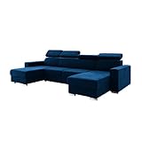 MEBLINI Schlafcouch mit Bettkasten - Ecksofa mit Schlaffunktion - Sofa mit Relaxfunktion und Kopfstützen - Couch U-Form - Eckcouch - Wohnlandschaft - Voss - 306x168x79cm - Blau Samt