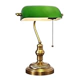 LANMOU Traditionelle Bankerlampe Retro Tischlampe Grün Schreibtischlampe Bibliotheksleuchte Nachttischlampe Banker Lampe mit Kette Schalter Grün Lampenschirm aus Glas, Messing Finish, E27 Fassung