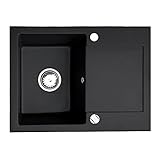 Manestein Spülbecken, Küchenspüle aus Granit, Einbauspüle, Abtropffläche,Einzelbecken mit Siphon, Fleckenbeständig und Pflegeleicht, 80% Quarzsand, 1 Becken, 57 x 43 cm, Schwarz