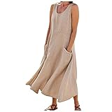 Damen Ärmellos Baumwoll Leinen Tankkleid Vintage Einfarbig Sommerkleid Strandkleid Lose Rundhals Maxikleid A-Linie Kleider Große Größen Langes Kleid Freizeitkleid mit Taschen