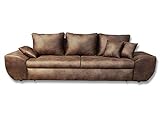 lifestyle4living Big Sofa in braun mit Schlaffunktion und Bettkasten, Vintage Look, Microfaser | XXL Couch inkl. 3 extragroßen Rücken-Kissen und hochwertiger Federung