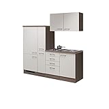 RIWAA - Singleküche Belfast - 9-teilig - inkl. Einbau-Kühlschrank und 2er Elektro-Kochfeld - Breite 190 cm - Creme Samtmatt/Eiche Dekor