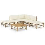 JUNZAI 6-TLG. Garten-Lounge-Set mit Cremeweißen Kissen, Gartenlounge, Balkon Möbel, Terrassenmöbel, Lounge Gartenmöbel Set, Lougenset Möbel Garten, Balkon Lounge Set, Bambus