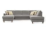 CAVADORE Wohnlandschaft Palera / U-Form Sofa mit Schlaffunktion, Stauraum und Federkern / 314 x 89 x 212 / Mikrofaser, Hellgrau