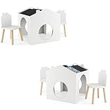 LIFEZEAL Kindertisch mit 2 Stühle, 3 TLG. Kindersitzgruppe aus Holz, Kinder Tisch Stuhl Set, Kindermöbel mit Kreidetafel, Sitzgruppe Hausförmig für Mädchen Jungen