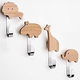 Kleiderhaken für Kinder aus Holz in Tierformen, Eiche, Wandhaken, Garderobenhaken, Garderobe, Kinderzimmer, Tiere, Löwe, Elefant, Nilpferd, Giraffe, Deko (Eiche inkl. 4 Metallhaken)