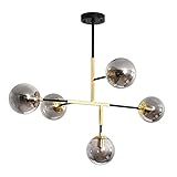 Nordischer runder Glaskugel-LED-Kronleuchter, schlichte goldene Kupfer-Pendelleuchte für Esszimmer, Wohnzimmer, Schlafzimmer, Innendekoration, graue Glaskugel-Pendelleuchten Change for the better