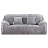 NAKIHOUSE Dicke Samt Sofa Überwürfe Sofabezug mit einem Kissenbezug, Superweicher Elastische Sofa Abdeckung in Silber-Grau Farbe für 1/2/3/4 Sitzer（L-förmiges Ecksofa erfordert Zwei）