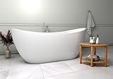 ECOLAM exklusive freistehende Badewanne Standbadewanne moderne Wanne freistehend Clara 150x80 cm + Ecktisch Bambus Costa + Ablaufgarnitur Click Clack Design Acryl glamour weiß