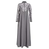 Lazzboy Muslim Maxi Kleid Trompete ärmel Abaya Lange Robe Kleider Tunika Gürtel Frauen Moslems Lose Einfarbig Kleidung Araber Kaftan Dubai(Grau,2XL)