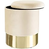 TecTake 800832 Sitzhocker mit Stauraum aus Samt, runder Pouf, bis 300 kg belastbar, gepolstert, Deckel abnehmbar, großes Staufach, Sockel in Gold (Cremeweiß)