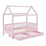 Juskys Kinderbett Marli 80 x 160 cm mit Bettkasten 2-teilig, Rausfallschutz, Lattenrost & Dach - Massivholz Hausbett für Kinder - Bett in Rosa