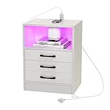 PIPIPOXER Nachttisch mit Steckdose & USB, Nachttisch Weiß, Nachtschrank Hochglanz Nachtkommode 3 Schubladen mit Led 16 Farben Beleuchtung Beistelltisch für Wohnzimmer, Schlafzimmer, 45x60x35 cm