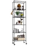 Himimi 6-stufiges Standregal mit Rollen, höhenverstellbar, Drahtregal mit Haken für Badezimmer, Küche, Garage, Schlafzimmer, Schwarz