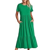 Komiseup Sommerkleid Damen Lang Maxikleid Elegant A-Linien Boho Kleid Einfarbig Rundhals Kurzarm Sommer Kleider mit Tasche Frauen Falten Strandkleid Lässig Maxikleider Leichte und Lufte Freizeitkleid