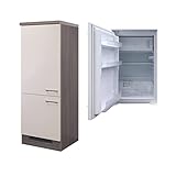 RIWAA - Kühlschrank-Umbauschrank Belfast inkl. Einbau-Kühlschrank - 162 cm hoch - Creme Samtmatt/Eiche Dekor