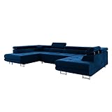 MEBLINI Schlafcouch mit Bettkasten - Ecksofa mit Schlaffunktion - Sofa mit Relaxfunktion und Kopfstützen - Couch U-Form - Eckcouch - Wohnlandschaft - Carl - 338x203x55cm - Blau Samt