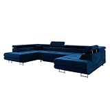 MEBLINI Schlafcouch mit Bettkasten - Ecksofa mit Schlaffunktion - Sofa mit Relaxfunktion und Kopfstützen - Couch U-Form - Eckcouch - Wohnlandschaft - Carl - 338x203x55cm - Blau Samt