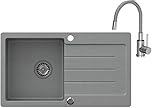 VBChome Spülbecken Grau 77 x 44 cm Granit Einzelbecken Einbauspüle gesprenkelt reversibel Verbundspüle + Siphon Waschbecken Armatur