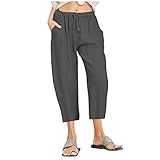 PTLLEND Sommer Hose Damen Locker Lässige Damenhose mit weitem Bein und Taschen, leichte, hoch taillierte, verstellbare, lockere Hose mit Knoten Pyjama Damen Kurzarm Lange Hose
