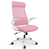 MELOKEA Bürostuhl Ergonomisch, Schreibtischstuhl aus Mesh mit Hochklappbaren Armlehnen, Computer Drehstuhl mit Verstellbare Kopfstützenarme und Lendenwirbelstütze, Chefsessel hat Wippfunktion-Rosa…