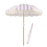 Tragbarer Sonnenschirm Im Freien Grand Patio Sonnenschirm Mit Fransen, Quasten-Regenschirm Mit Holzstange Und Tragetasche, Wasserdicht & UV50+ 2M/6.5FT