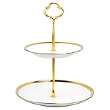 Etagere aus Porzellan, 2 Etagen Obst Etagere Tortenständer Servierständer Frühstück Buffetplatte,24.5cm Moderne Tortenetagere Cupcake Küchen Ständer Party Deko für Dessert Snacks Obst Geburtstag, Gold