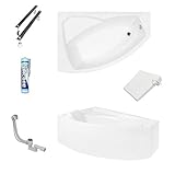 ECOLAM Badewanne Eckbadewanne Acryl Rima weiß 130x85 cm LINKS + Schürze + Kopfstütze, Ablaufgarnitur Ab- und Überlauf Automatik Füße Silikon Komplett-Set