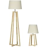 HOMCOM Stehlampe mit 1 Tischlampe 2er-Set Nachttischlampe 149 cm/68 cm Höhe Stehleuchte für Wohnzimmer Schlafzimmer Skandi-Design Weiß+Natur