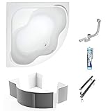 ECOLAM symmetrische Badewanne Eckwanne Samanta 150x150 cm Acryl weiß + Styroporträger zum Verfliesen Ablaufgarnitur Ab- und Überlauf Automatik Füße Silikon Komplett-Set